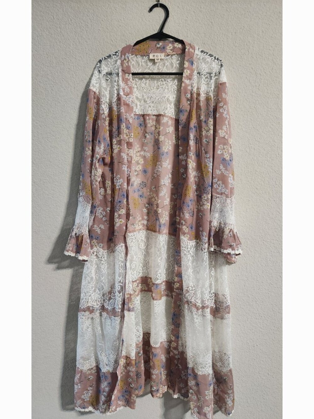 POL Floral Print and Lace Semi-sheer Duster Cardigan pink bohemian size medium